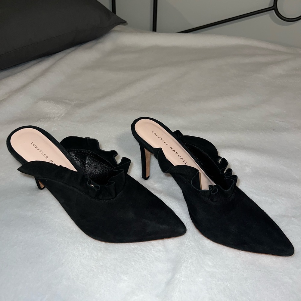 Black suede Loeffler Randall Mule heel